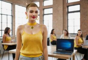 AI Generated Smiling woman in a mustard yellow top with a laptop, casual yet professional work setting. photo