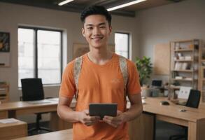 AI Generated A cheerful college student holding a tablet in a classroom, ready for learning and interaction. photo
