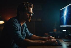 AI Generated A woman works diligently at an office desk late into the evening. Her dedication is evident by her focused demeanor. photo