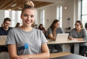 AI Generated Young woman in a classroom with peers. Looking at camera with a focused, academic setting behind her. photo