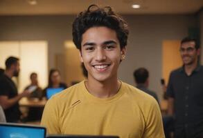 AI Generated A young man with a bright smile standing in the office. photo