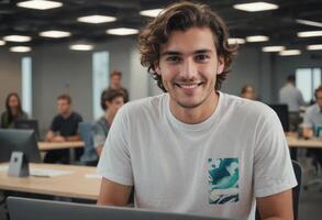 AI Generated A young man in a casual t-shirt smiles warmly in a bustling office setting. His relaxed demeanor adds a friendly touch to the professional environment. photo