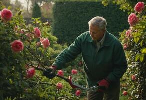 AI Generated An elderly man tends to a garden, clipping roses. The image portrays care and dedication to nature. photo