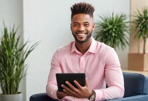 AI Generated Cheerful man holding a digital tablet at home, showcasing comfort with technology. His warm smile indicates contentment. photo
