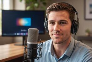 AI Generated A focused man podcasts using a professional microphone setup, engaging with his online audience. photo