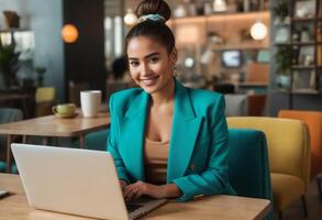 AI Generated Woman in a turquoise blazer focused on laptop work in a cafe. Stylish and concentrated. photo