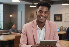 AI Generated A happy young man in a pink jacket holding a tablet, looking content and stylish in a modern office. photo
