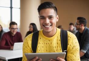 AI Generated Cheerful student holding a tablet in a classroom. Energetic and youthful academic setting. photo