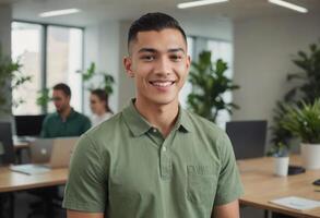 AI Generated A confident young male professional is smiling at the camera with colleagues in an office setting behind him. photo