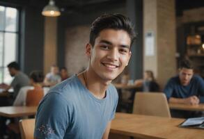 AI Generated Young man smiling at the camera in a busy cafe setting. photo