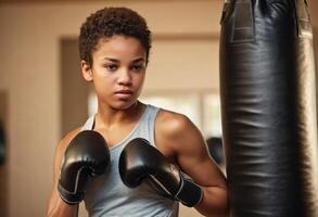 AI Generated A focused female boxer trains with a punching bag. Her intensity and athleticism are front and center. photo