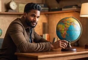 AI Generated A man sits at a desk with a globe, his thoughtful expression suggesting reflection or global interests. photo