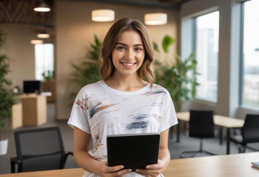 AI Generated Young woman in a striped top holding a tablet, office background. Friendly and tech-forward professional. photo