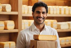 AI Generated A smiling man holding a wheel of cheese in a shop, showcasing a variety of gourmet cheeses in the background. photo