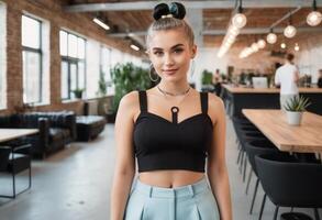 AI Generated A fashionable young woman with a top bun hairstyle poses in an urban cafe. Her trendy attire and confident stance convey modern style. photo