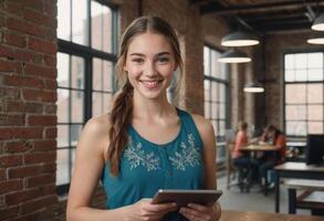 AI Generated A young woman with a content smile holds a digital tablet in an industrial-style office. She appears engaged and happy. photo