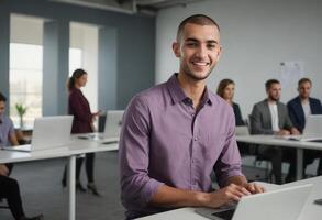 AI Generated Man in professional attire at desk, focused on task. Active and modern office environment. photo