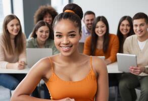 ai generado un sonriente mujer participa en un equipo reunión, comprometido y alegre. foto