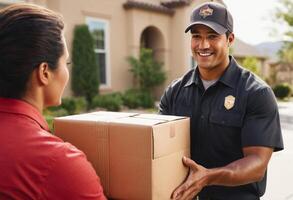 AI Generated A delivery man hands over a package to a customer, providing efficient and friendly parcel delivery service. photo