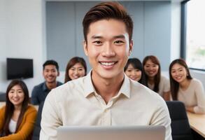 AI Generated Casual man with laptop in office, smiling at camera. Relaxed and productive environment. photo