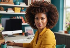 AI Generated A woman in a yellow top works creatively in a vibrant office. She is surrounded by colorful decor and a computer. photo