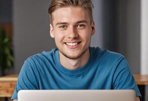 AI Generated A smiling man with a laptop in a blue sweater. photo