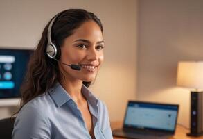 ai generado un sonriente cliente Servicio representante con un auriculares trabajos a su computadora, Listo a asistir. foto