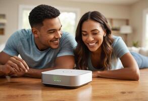 AI Generated A couple smiles as they set up their new internet router, enjoying the process of upgrading their home network. photo