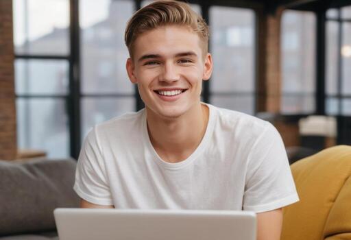AI Generated Casual professional man with a bright smile working on laptop. Positive and relaxed office setting. photo