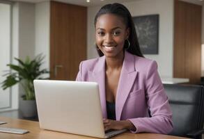 AI Generated Female in adult happy while working at office. Wearing business attire with laptop. photo