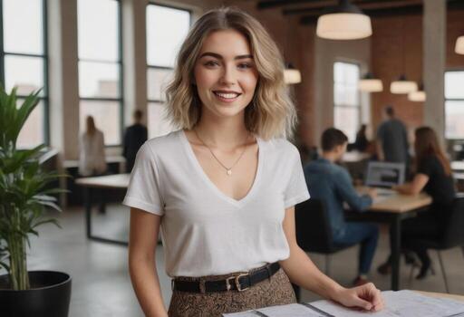 AI Generated Smiling young woman at the office with colleagues in the background. A blend of casual attire and professional workspace. photo