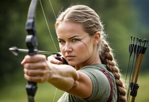 AI Generated A focused archer aims her bow with precision. The outdoor backdrop suggests a serene training environment. photo