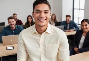 AI Generated Man in casual business attire with a digital tablet, relaxed and competent office environment. photo