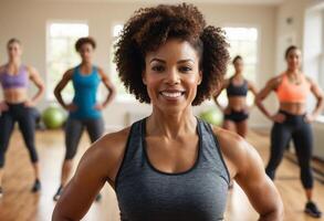 AI Generated A confident fitness instructor leads a class, demonstrating an exercise routine with a positive and encouraging attitude. photo