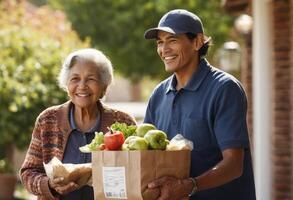 AI Generated An elderly woman receives a delivery of fresh groceries from a friendly delivery person, illustrating a helpful service for seniors. photo