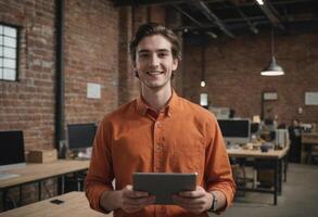 AI Generated Cheerful young man in an orange shirt using a tablet in an office. He exudes a professional yet friendly demeanor. photo