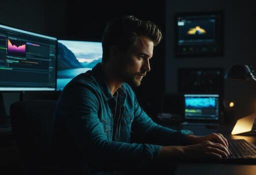 AI Generated A man works diligently in a dark tech environment. His focus is reflected by the multiple screens. photo