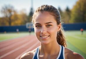 ai generado un enfocado hembra atleta prepara para pista práctica, exudando determinación y atletismo. foto