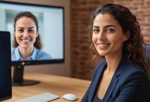 ai generado un mujer se involucra en un vídeo llamar, sonriente y comunicado con un colega o amigo en línea. foto