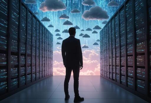 AI Generated Silhouette of a person stands in a futuristic data center. Clouds and servers symbolize connectivity and data flow. photo
