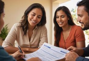 AI Generated A team gathers over documents, collaborating effectively in a business meeting. photo