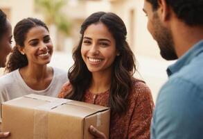 AI Generated A woman receives a box of fresh groceries from a delivery service, smiling at the convenience. photo