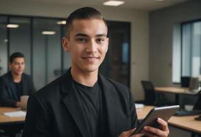 AI Generated A stylish young man smiles while holding a smartphone in an office environment. His appearance is sharp and modern. photo