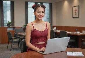 AI Generated Female in adult content while working at office. Wearing formal attire with laptop. photo