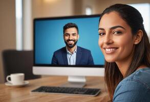 ai generado un mujer sonrisas durante un vídeo llamar, con el interfaz demostración un masculino colega. foto