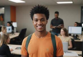 AI Generated A young student stands in a busy classroom, looking optimistic. The environment is lively and educational. photo