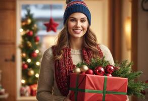 ai generado un mujer sostiene un Navidad ornamento, en pie por un festivamente decorado hogar interior. foto