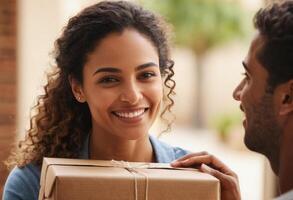 AI Generated A delivery brings joy not only to the recipient but also to their pet, showcasing a positive delivery experience. photo