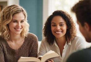 AI Generated A diverse group of students engages in a group study session in a library, discussing and learning together. photo