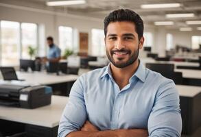 AI Generated A businessman with a friendly demeanor sits in a modern office space, representing professionalism. photo